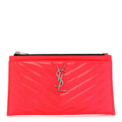 Saint Laurent Patent Grain De Poudre Matelasse Chevron Monogram Bill Pouch Neon Pink 1 of 10