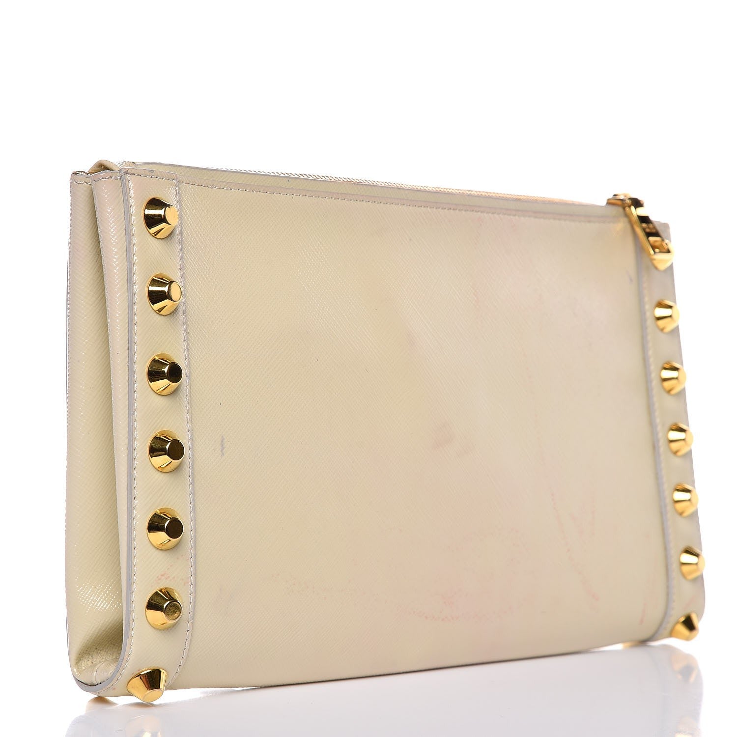 Prada Saffiano Vernice Studded Clutch Talco 3 of 19