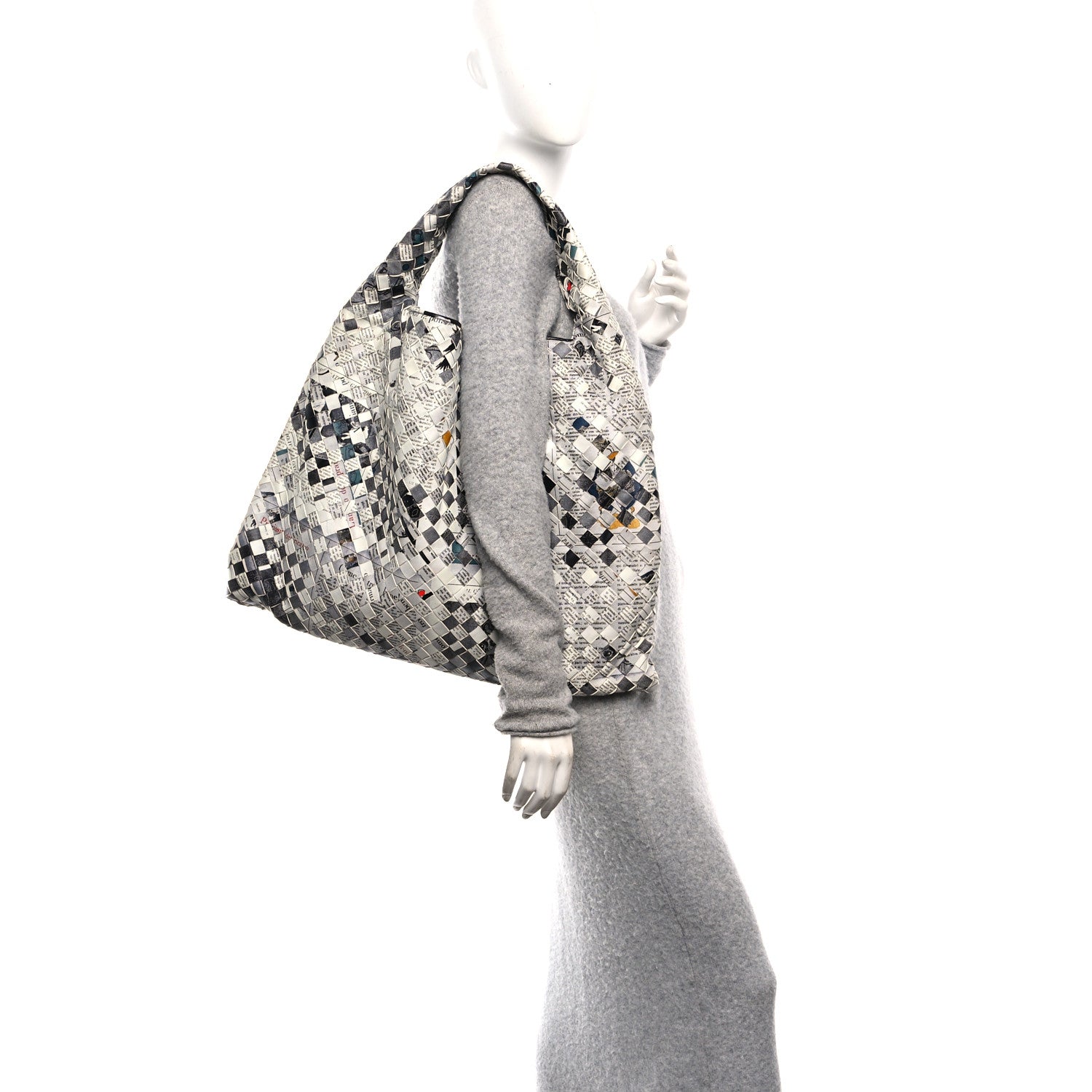 Bottega Veneta Calfskin Intrecciato Newspaper Print Large Hop Grey Black Multicolor 2 of 10