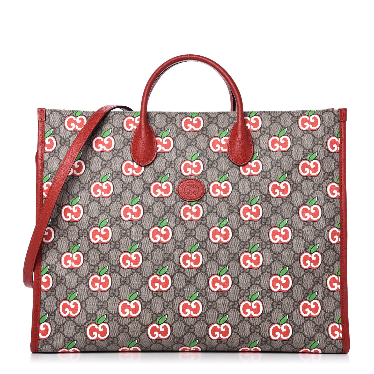 GG Supreme Monogram Apple Dollar Calfskin Large Retro Interlocking G Tote Bag Beige Ebony Multicolor Lobster Red