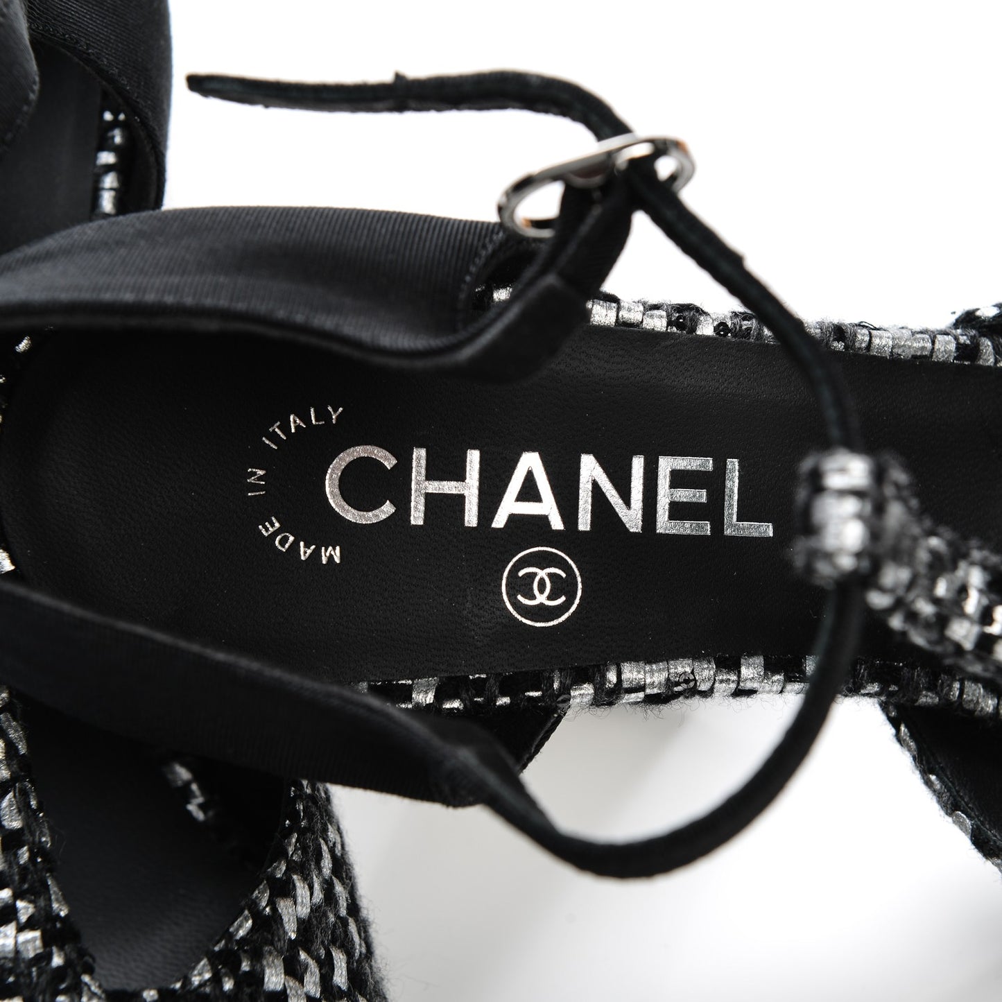 Tweed Grosgrain Chain T-Strap Pumps 40 Black Silver