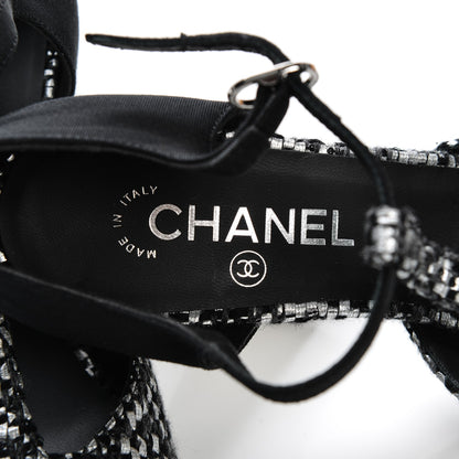 Chanel Tweed Grosgrain Chain T-Strap Pumps 40 Black Silver 5 of 5