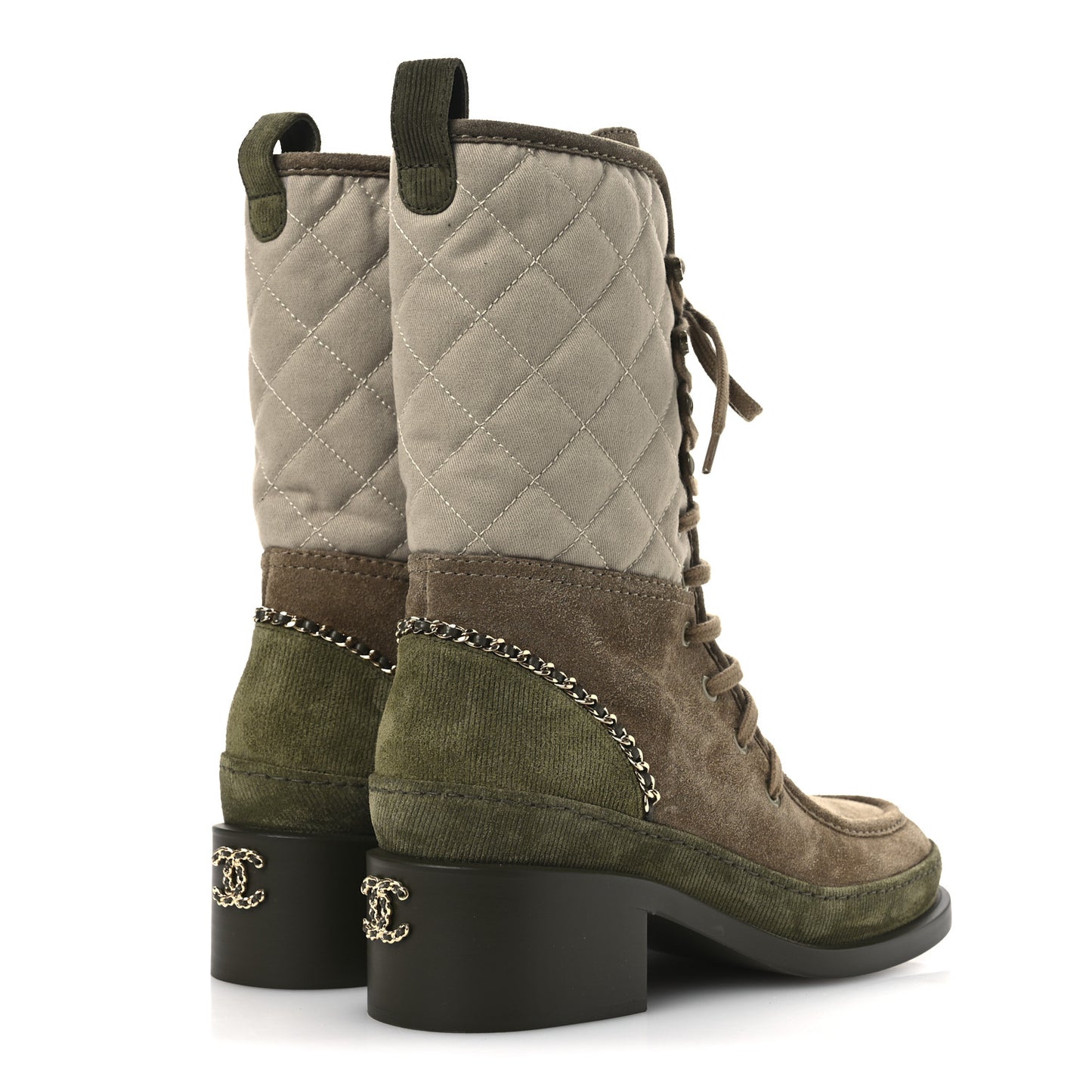 Suede Calfskin Cotton Quilted CC Chain Combat Boots 39 Light Grey Brown Khaki