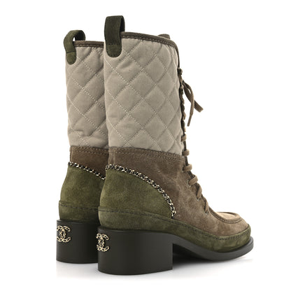 Chanel Suede Calfskin Cotton Quilted CC Chain Combat Boots 39 Light Grey Brown Khaki 5 of 12