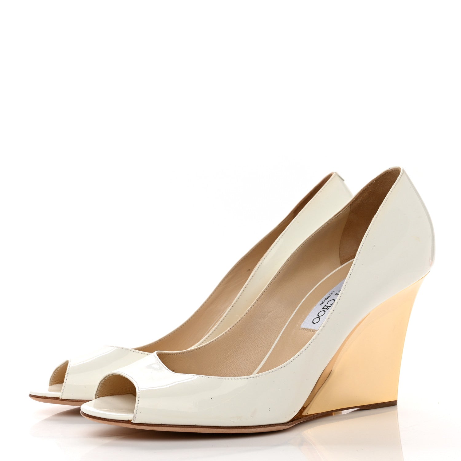 Jimmy Choo Patent Peep Toe Wedge Pumps 41 White Gold 3 of 8