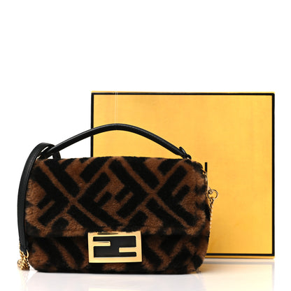 Fendi Shearling Vitello Dolce Macro FF 1974 Mini Baguette Tobacco Black 11 of 11