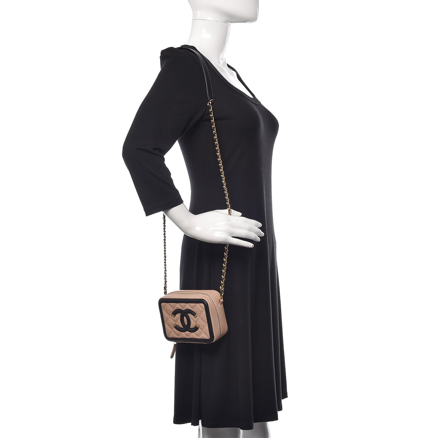 Caviar Quilted CC Filigree Vanity Clutch With Chain Beige Black