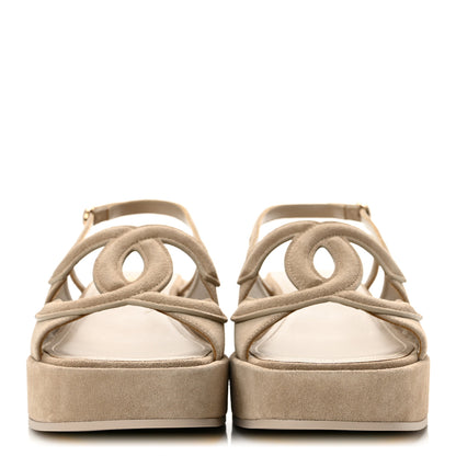 Chanel Suede Calfskin Platform CC Sandals 37.5 Dark Beige 3 of 10