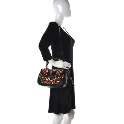 Gucci Calf Hair Leopard Print Medium New Bamboo Top Handle Bag Red 2 of 11