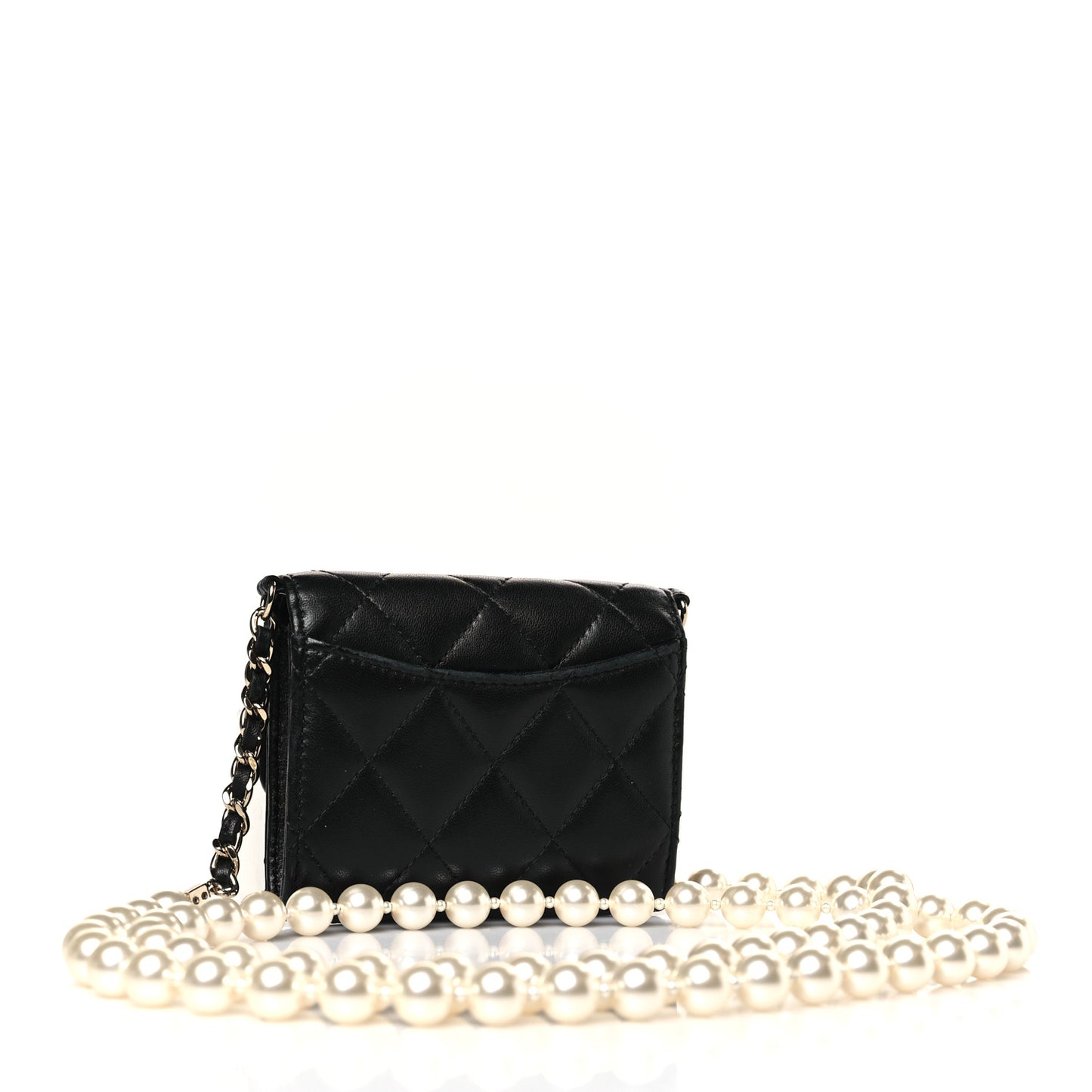 Lambskin Quilted Pearl Card Holder With Chain Black