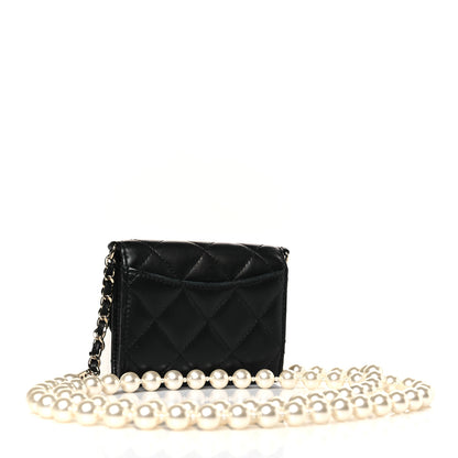 Chanel Lambskin Quilted Pearl Card Holder With Chain Black 3 of 10