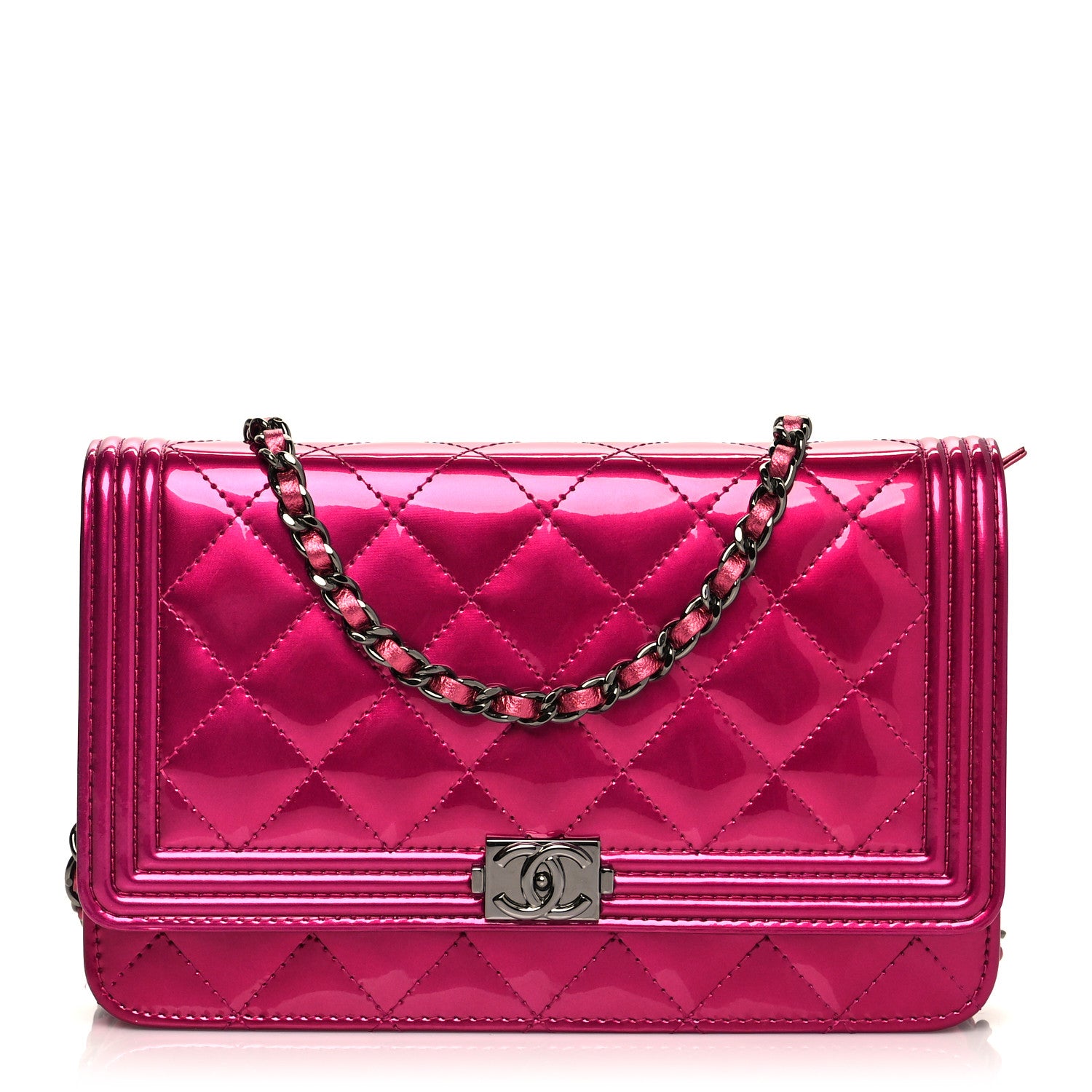 Chanel Metallic Patent Calfskin Quilted Boy Wallet On Chain WOC Fuchsia 1 of 10