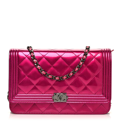 Chanel Metallic Patent Calfskin Quilted Boy Wallet On Chain WOC Fuchsia 1 of 10