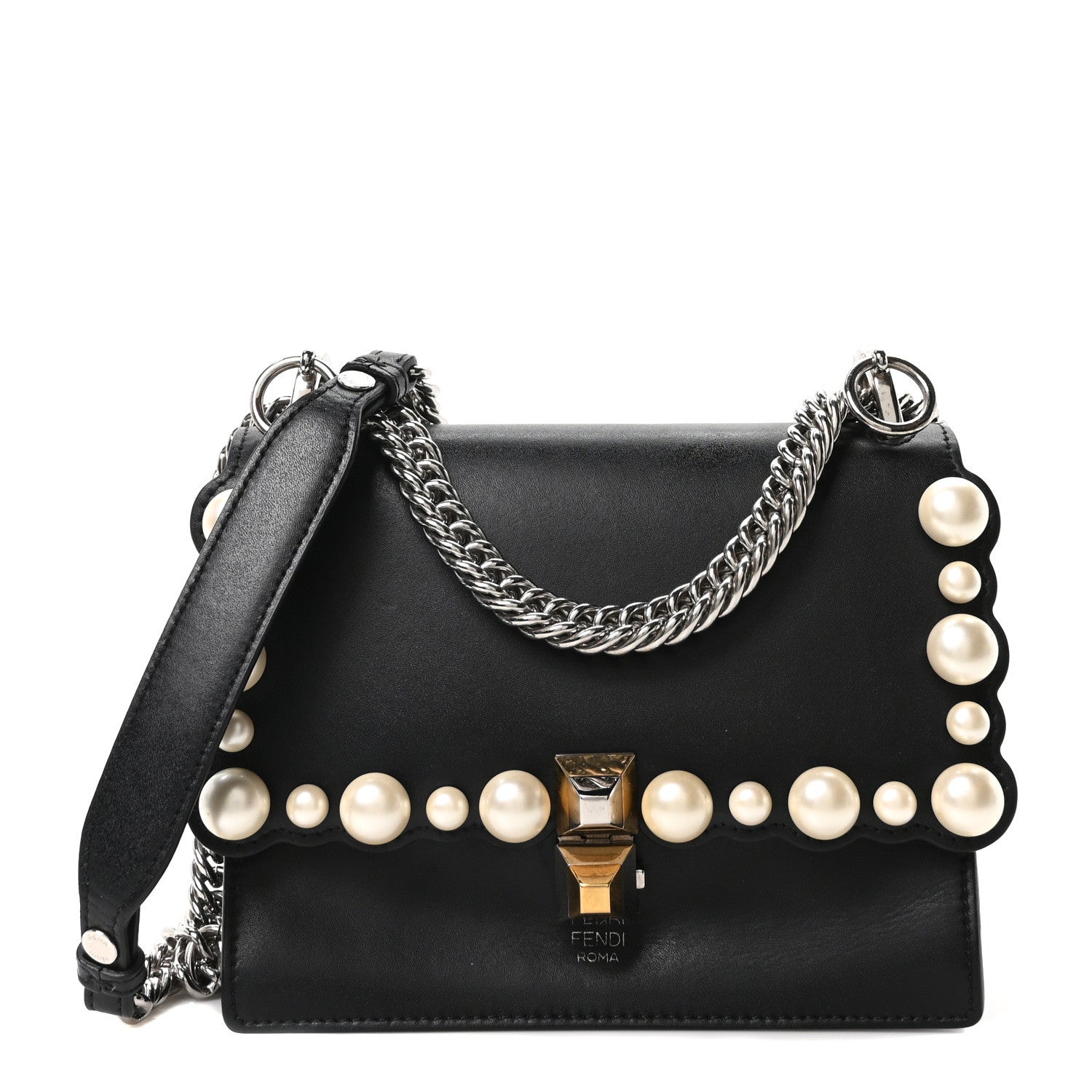 Fendi Vitello Liberty Pearl Scalloped Studded Small Kan I Shoulder Bag Black 2 of 19