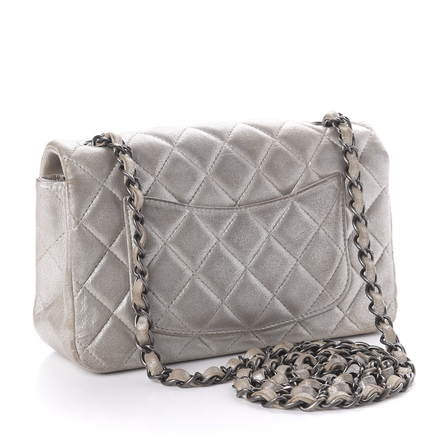 Metallic Lambskin Quilted Mini Rectangular Flap Silver