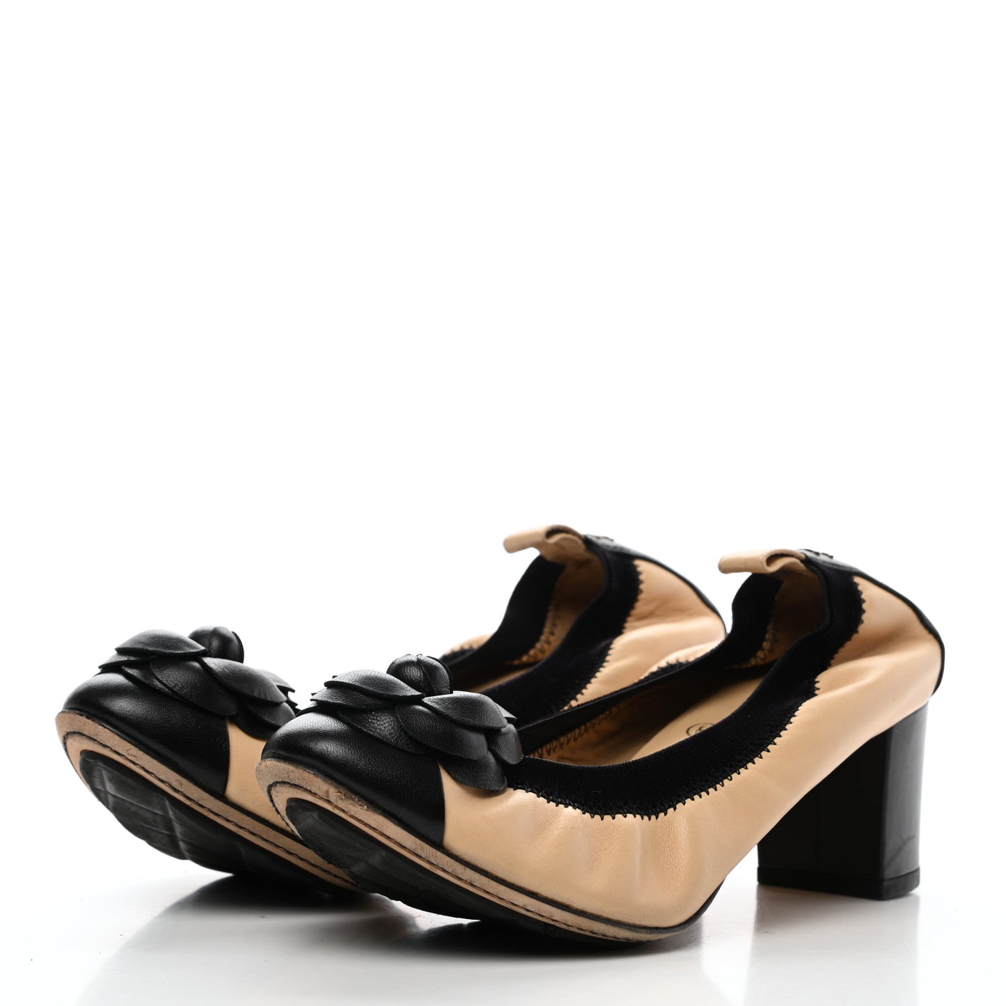 Lambskin Camellia CC Elastic Stretch Pumps 37 Beige Black