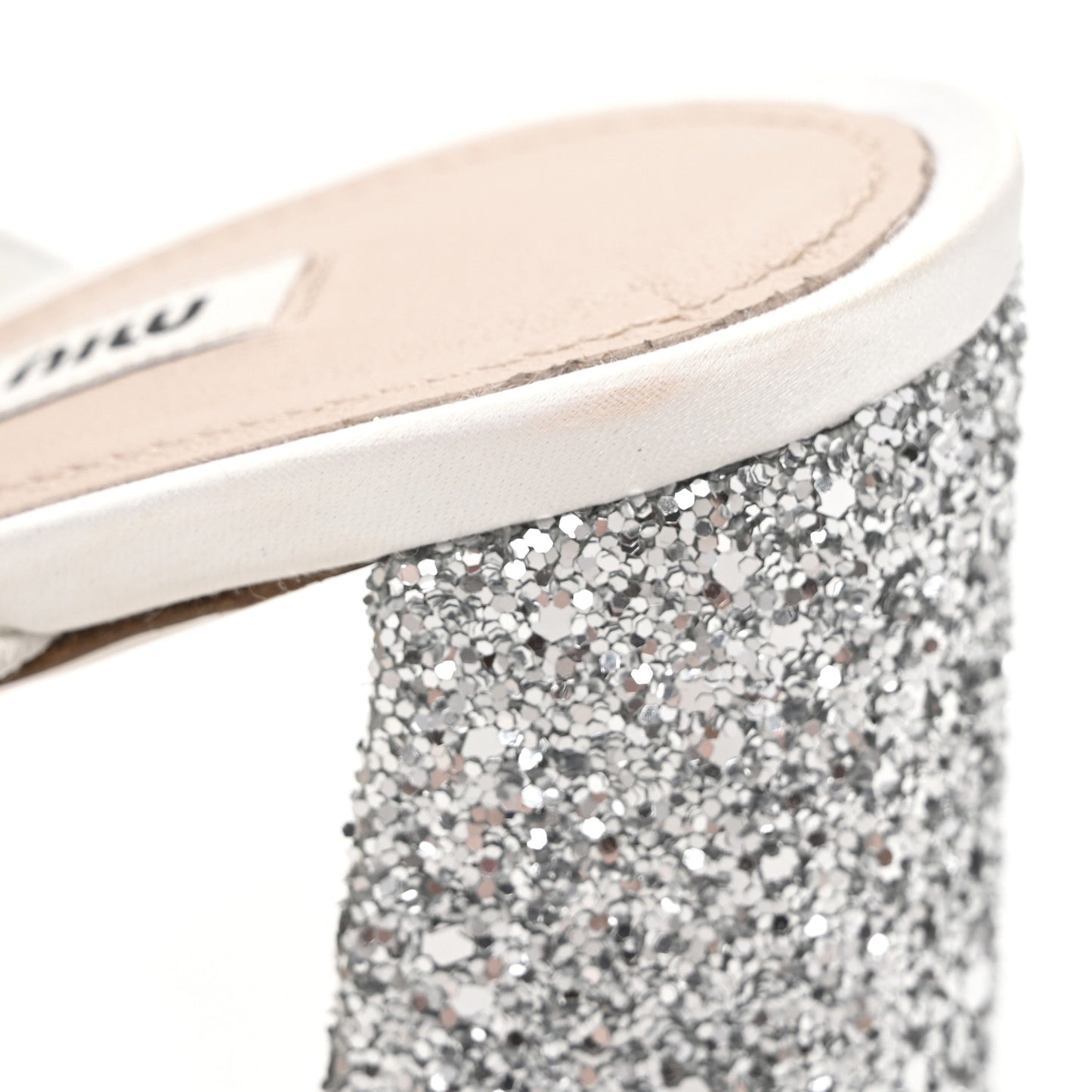 Satin Raso Glitter Block Heel Sandals 38 White Argento