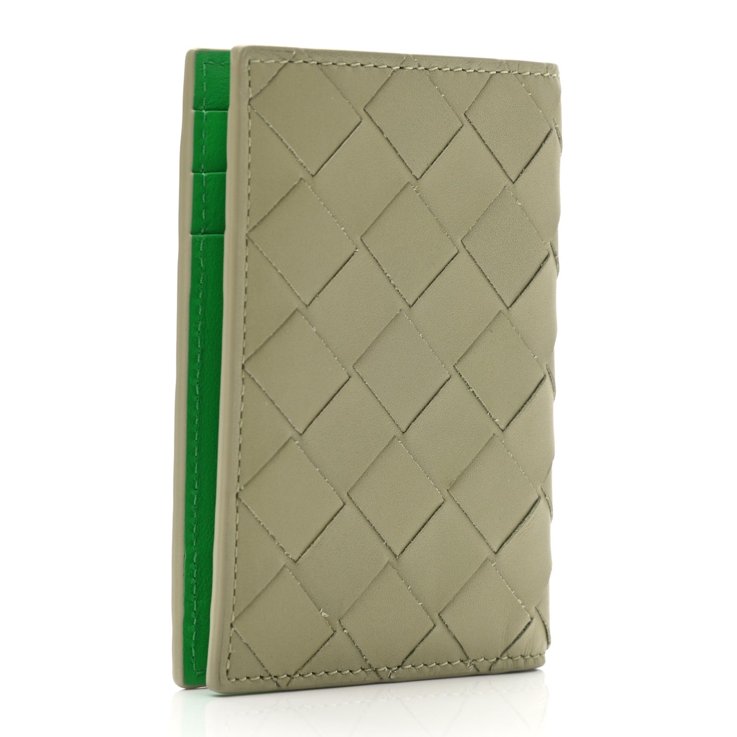 Calfskin Intrecciato Flap Card Case Travertine Parakeet