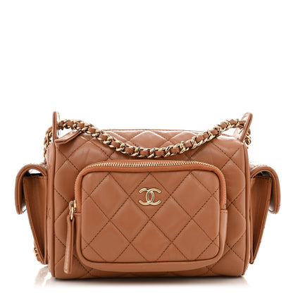 Chanel Shiny Crumpled Lambskin Quilted Small Preppy Pocket Camera Case Brown 1 of 11
