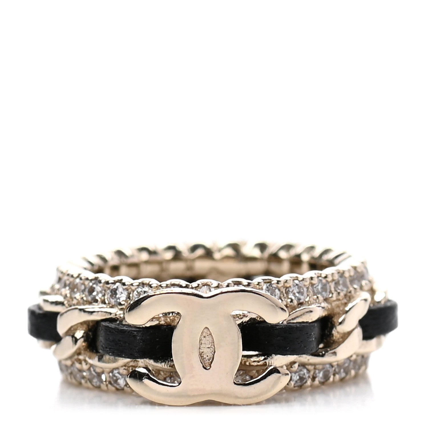 Chanel Metal Crystal Lambskin CC Ring 52 Gold Black 1 of 4
