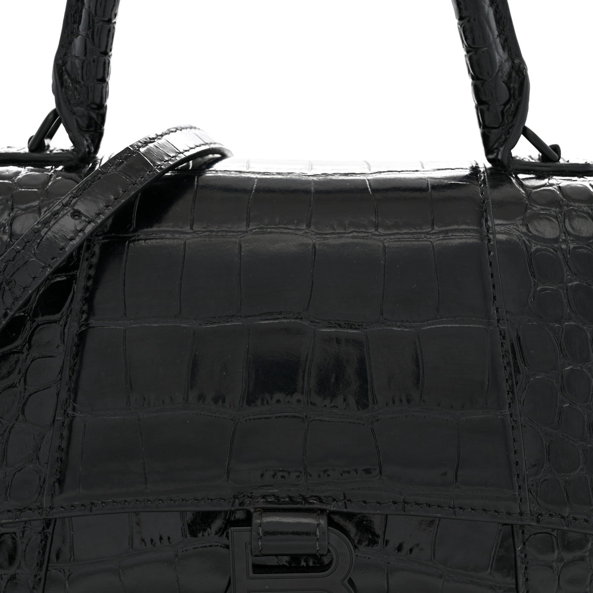 Balenciaga Shiny Calfskin Monochrome Crocodile Embossed Small Hourglass Top Handle Bag Black 8 of 12