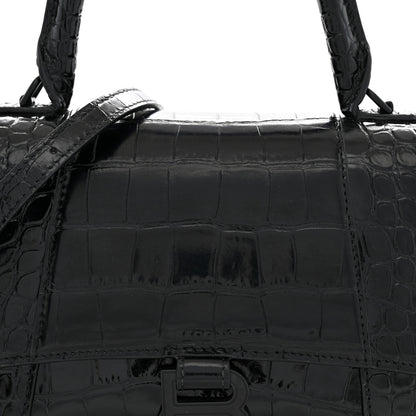 Balenciaga Shiny Calfskin Monochrome Crocodile Embossed Small Hourglass Top Handle Bag Black 8 of 12
