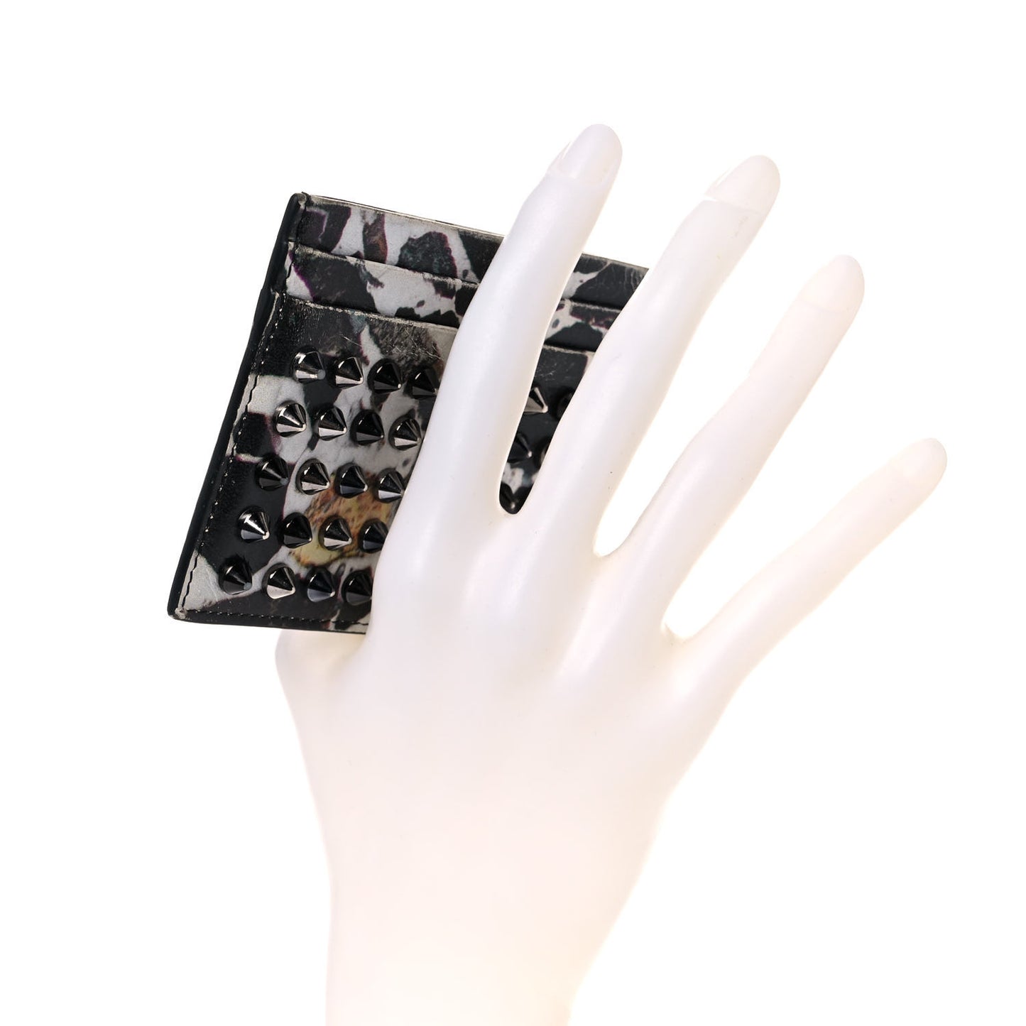 Calfskin Marble Print Spikes Card Holder Black