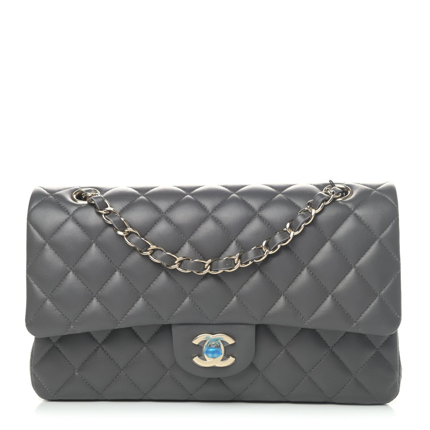 Lambskin Quilted Medium Double Flap Dark Grey