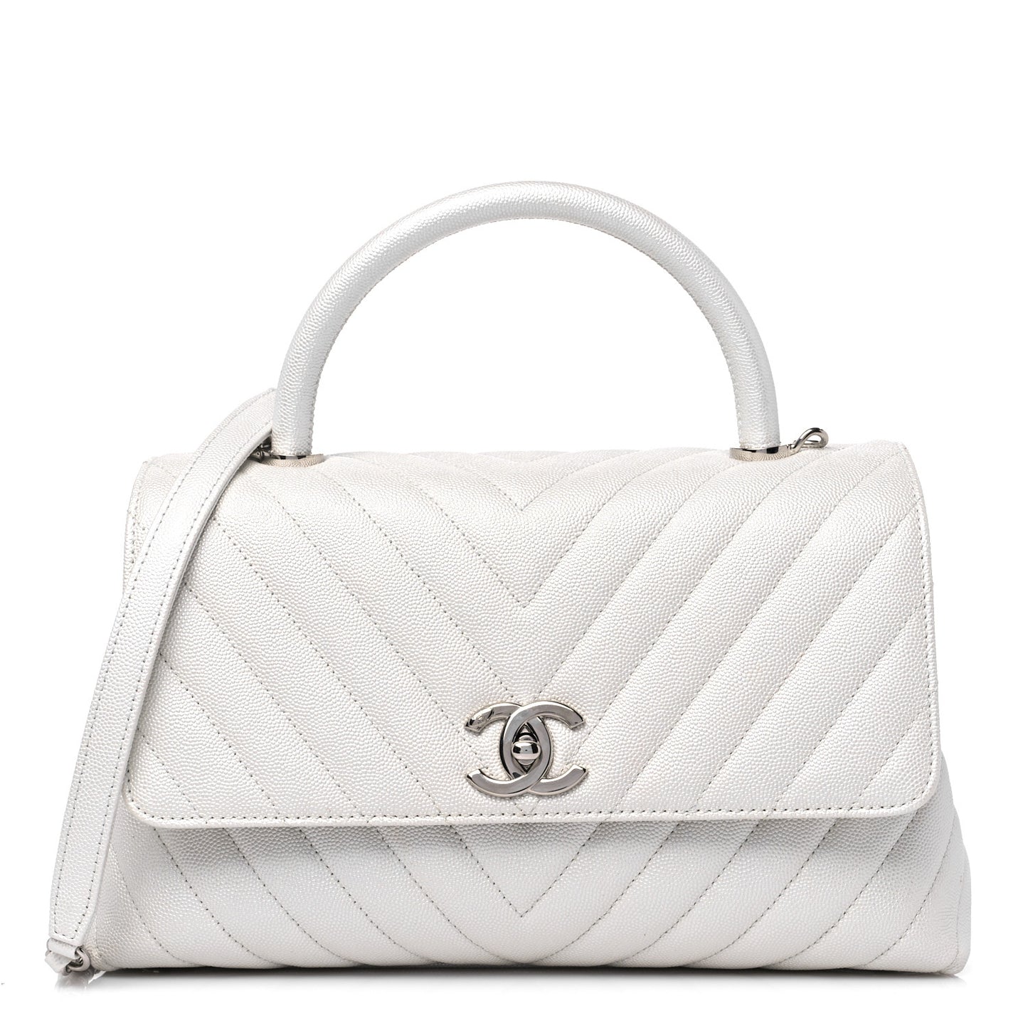 Iridescent Caviar Chevron Quilted Small Coco Handle Flap White
