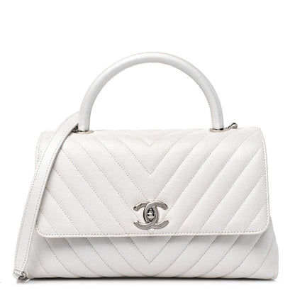 Chanel Iridescent Caviar Chevron Quilted Small Coco Handle Flap White 1 of 17