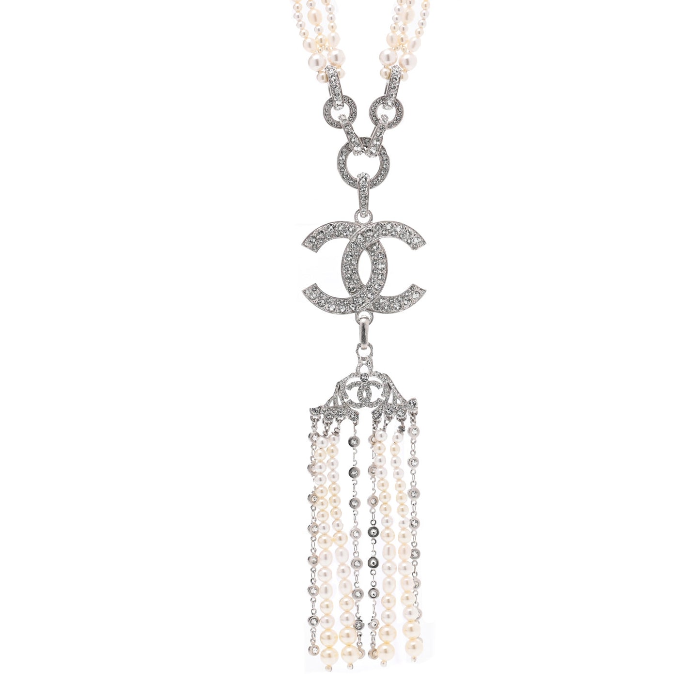 Crystal Pearl CC Drop Necklace Silver