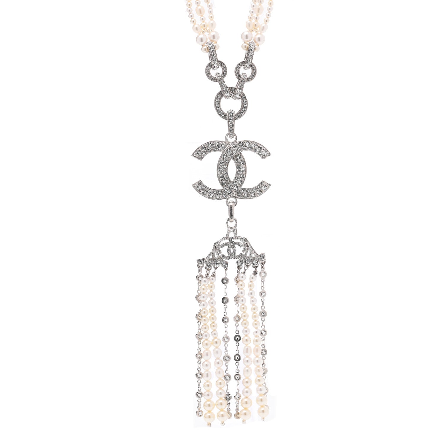 Chanel Crystal Pearl CC Drop Necklace Silver 1 of 7