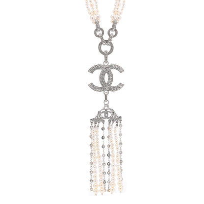 Chanel Crystal Pearl CC Drop Necklace Silver 1 of 7