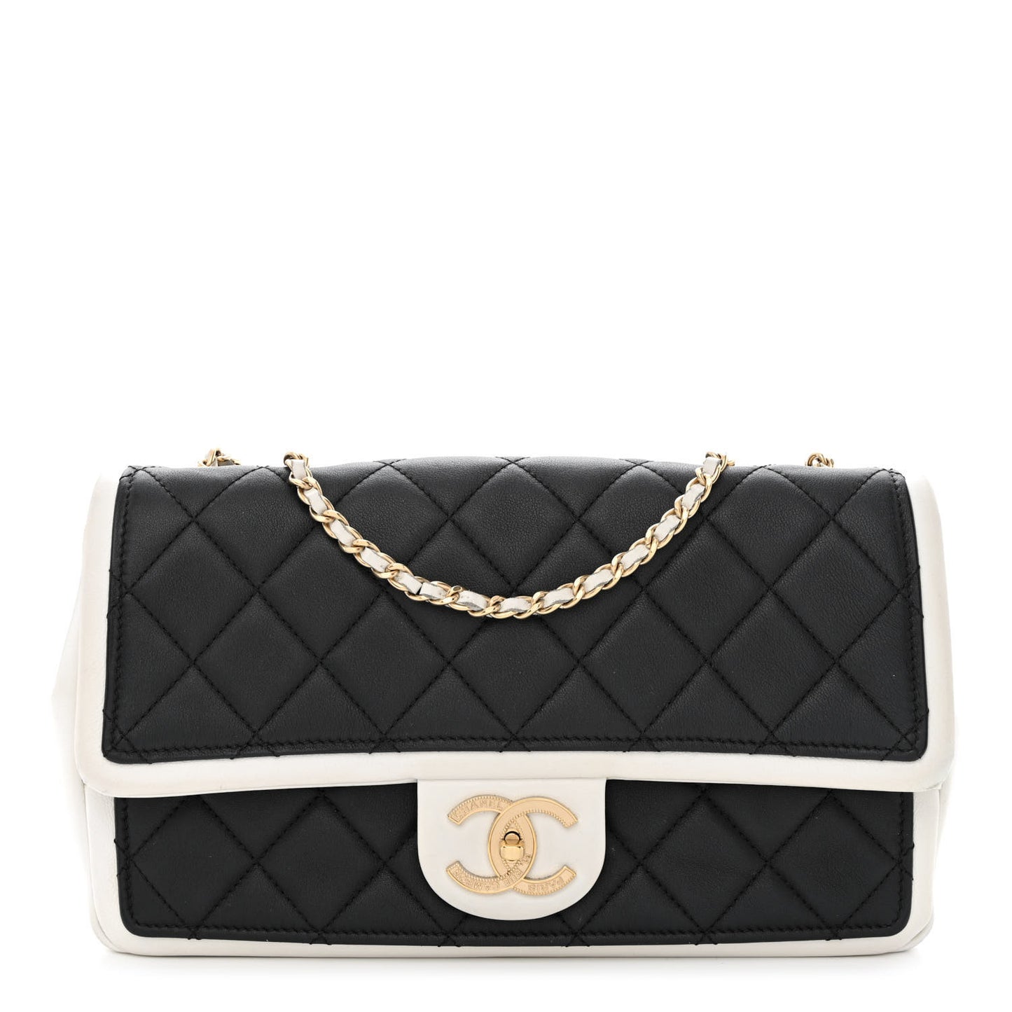 Calfskin Quilted Medium Graphic Flap Black White