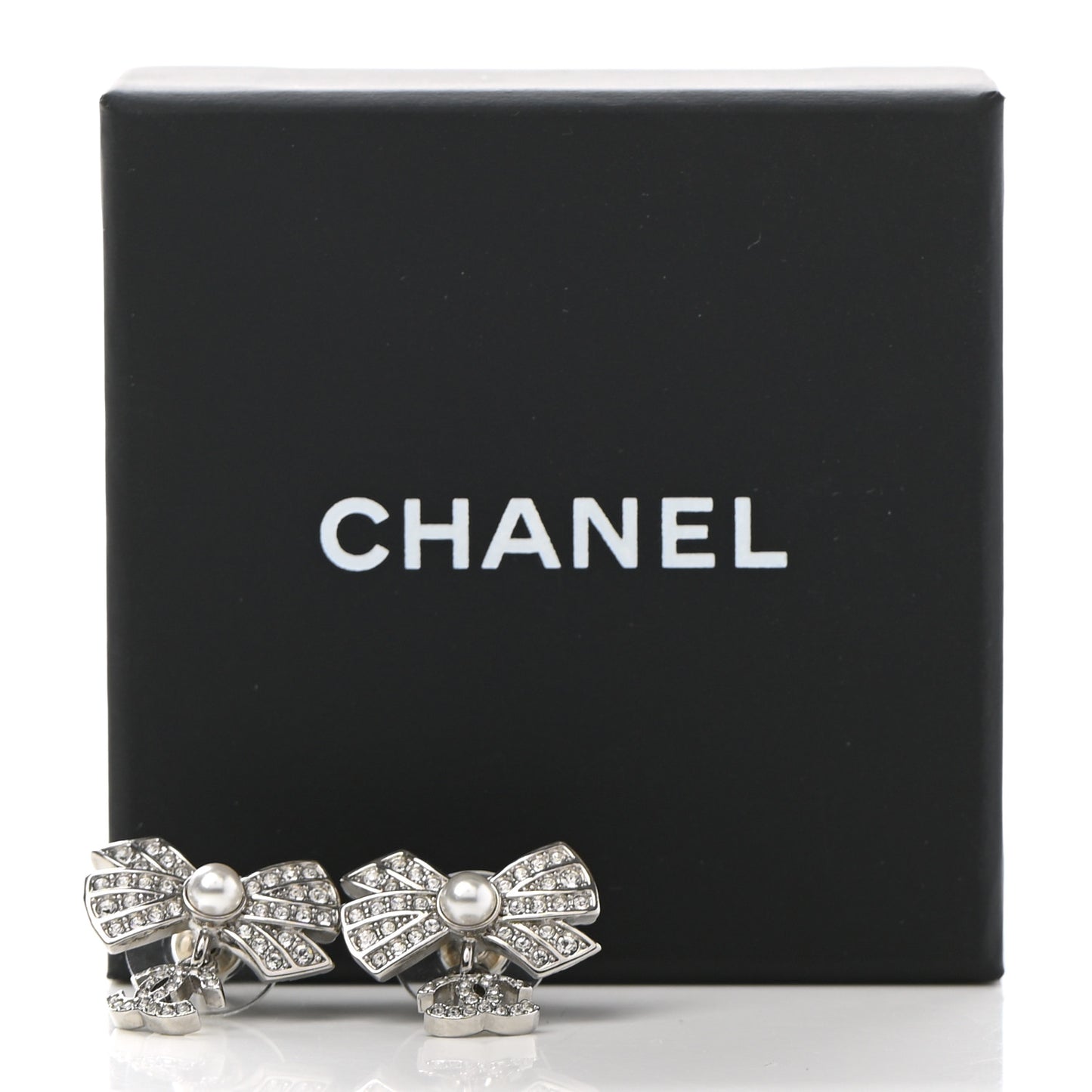 Crystal CC Bow Drop Earrings Silver