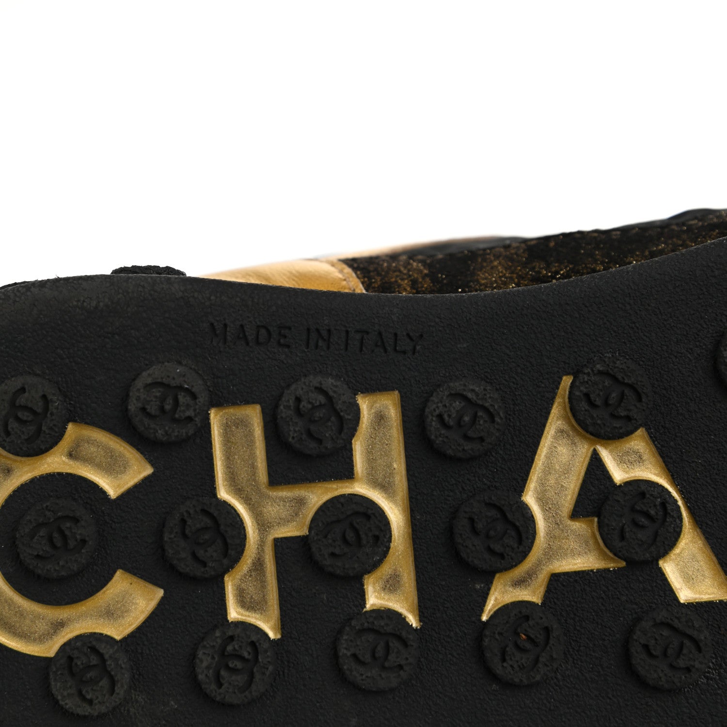 Chanel Metallic Lambskin Satin Finish Womens CC Sneakers 37.5 Black Gold 6 of 8