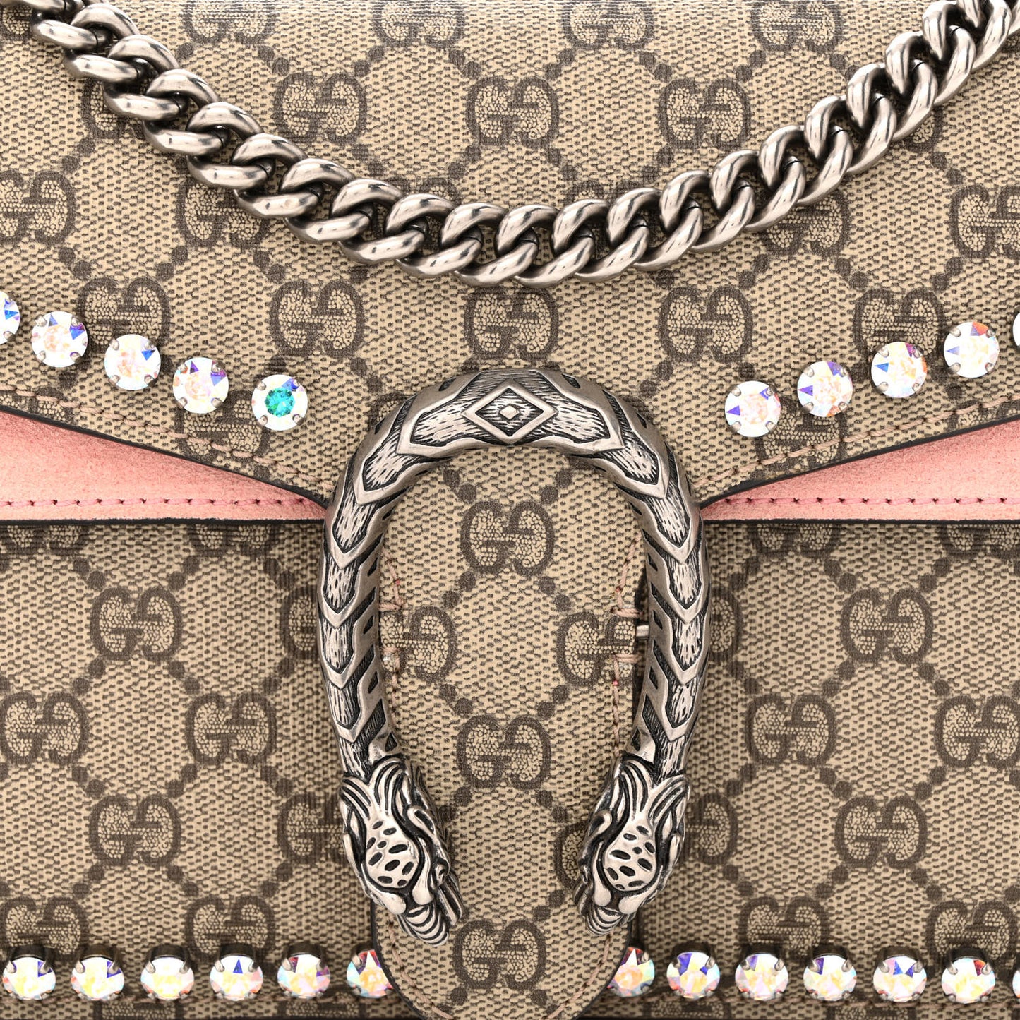 GG Supreme Monogram Suede Crystal Small Dionysus Shoulder Bag Beige Ebony Light Peonia