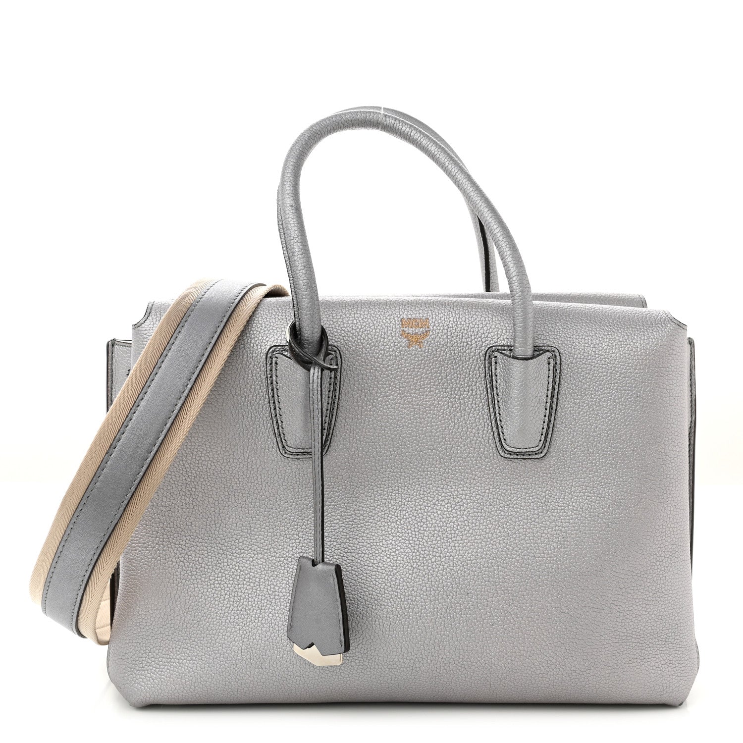 MCM Metallic Grained Calfskin Medium Milla Tote Spike Silver