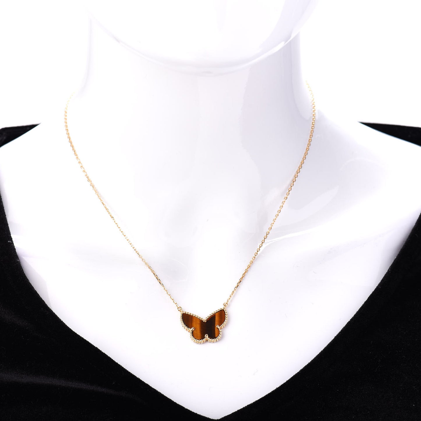 18K Yellow Gold Tiger Eye Lucky Alhambra Butterfly Pendant Necklace