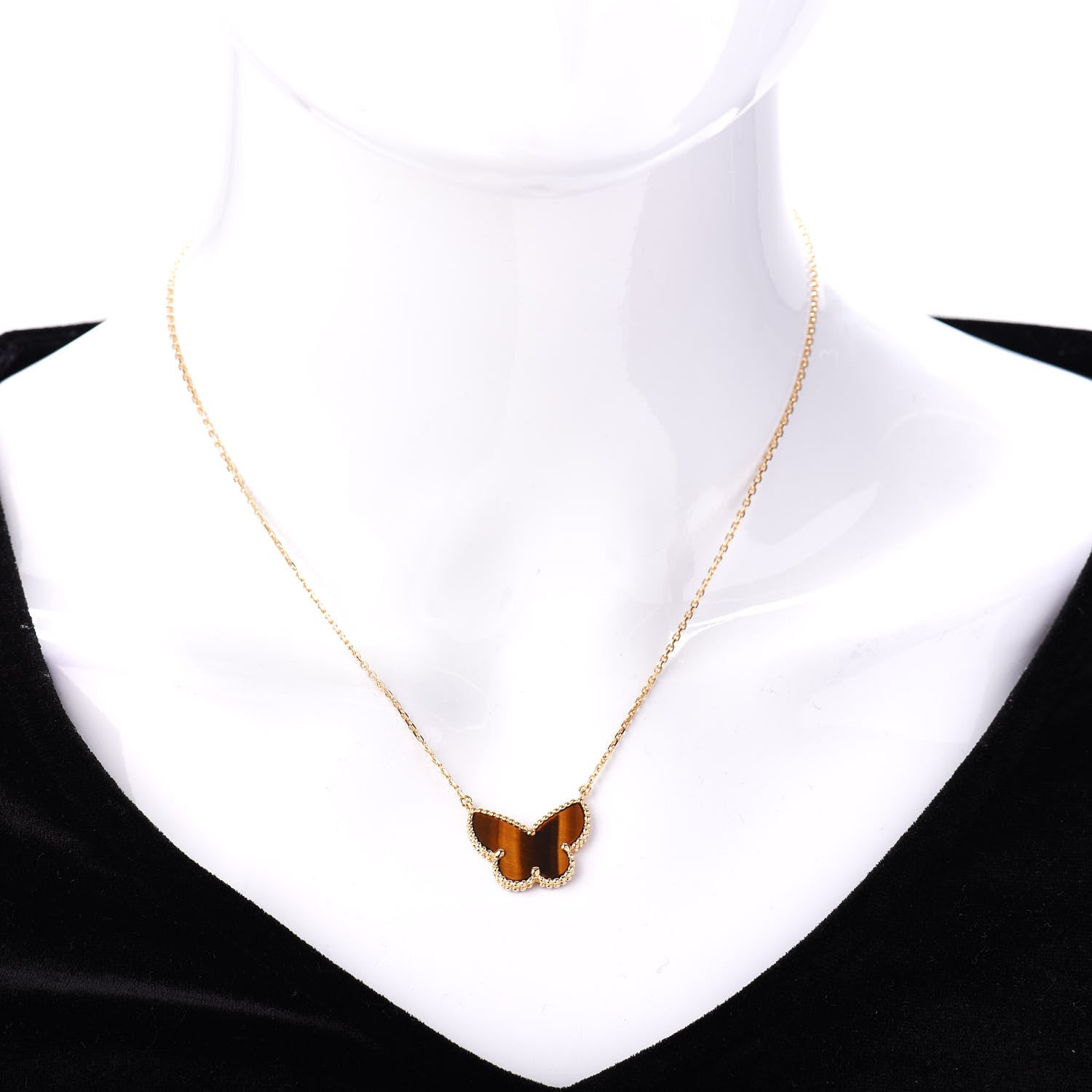 Van Cleef & Arpels 18K Yellow Gold Tiger Eye Lucky Alhambra Butterfly Pendant Necklace 2 of 5