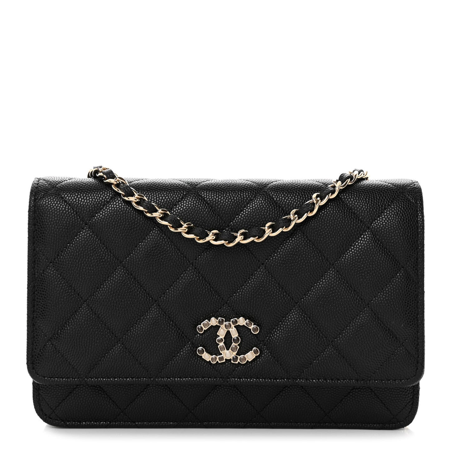 Shiny Caviar Enamel Quilted CC Wallet On Chain WOC Black