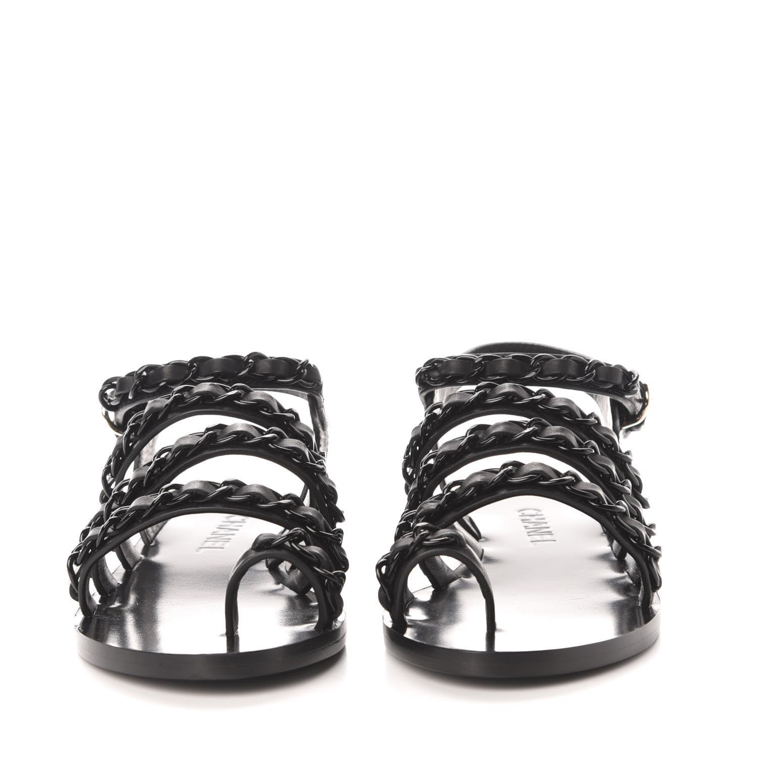 Chanel Calfskin Chain Flat Sandals 38 Black 2 of 9