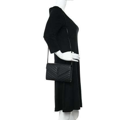 Saint Laurent Grain De Poudre Matelasse Chevron Monogram Monochrome Chain Wallet Black 2 of 12