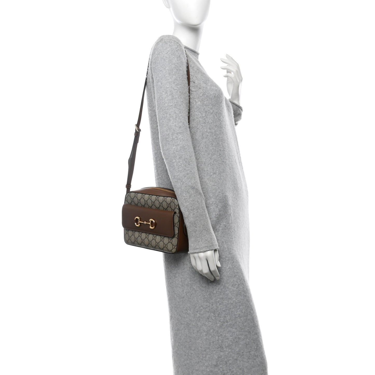 GG Supreme Monogram Small Horsebit 1955 Shoulder Bag Beige Brown Sugar