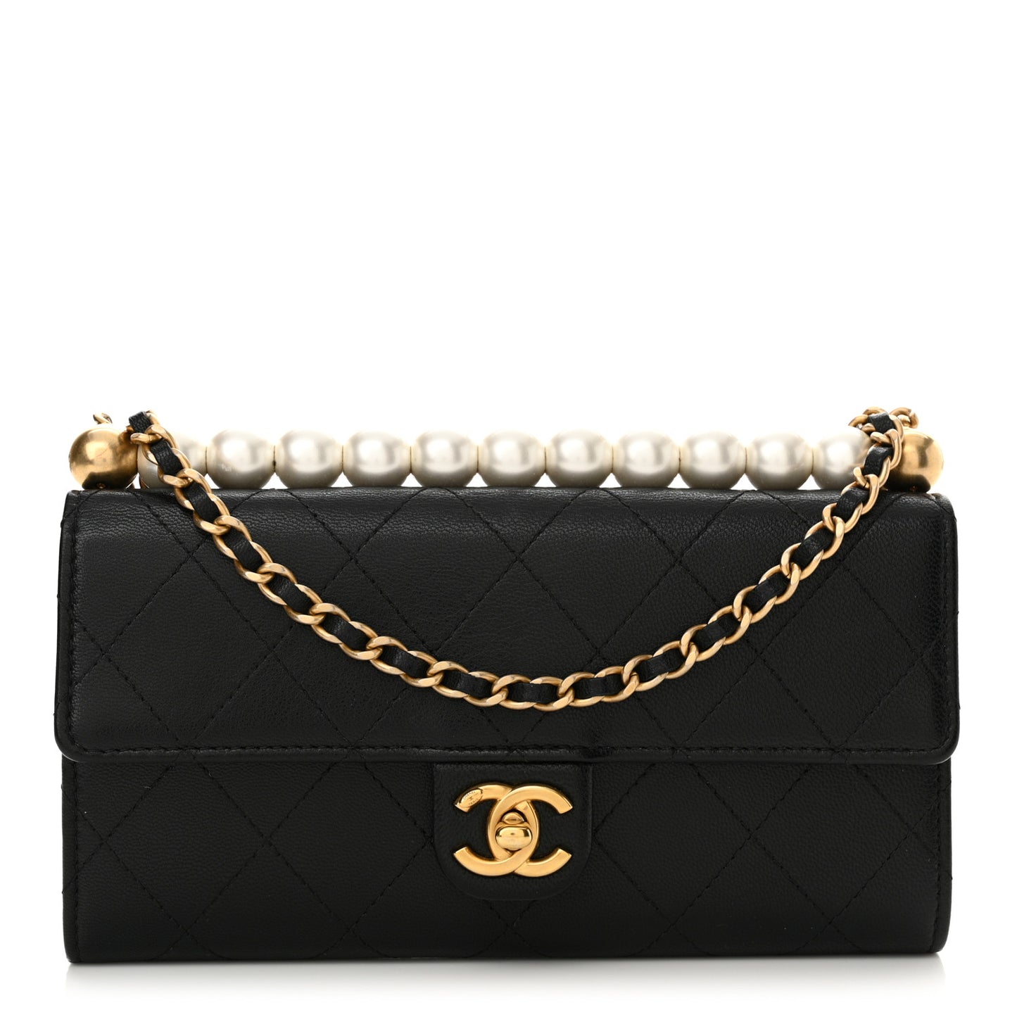 Goatskin Quilted Chic Pearls Clutch With Chain Black