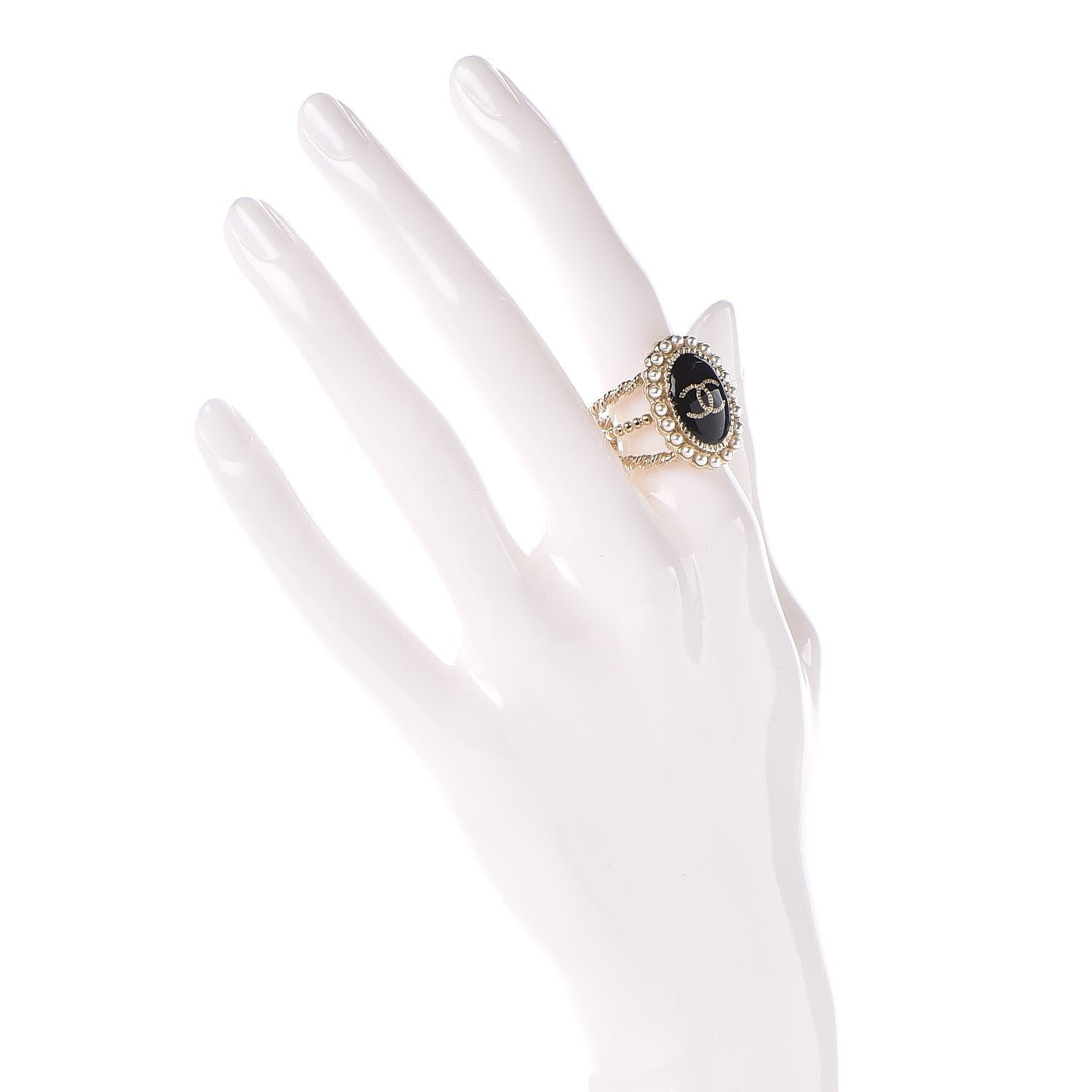 Chanel Enamel Pearl CC Ring 5.5 Black Gold 2 of 5