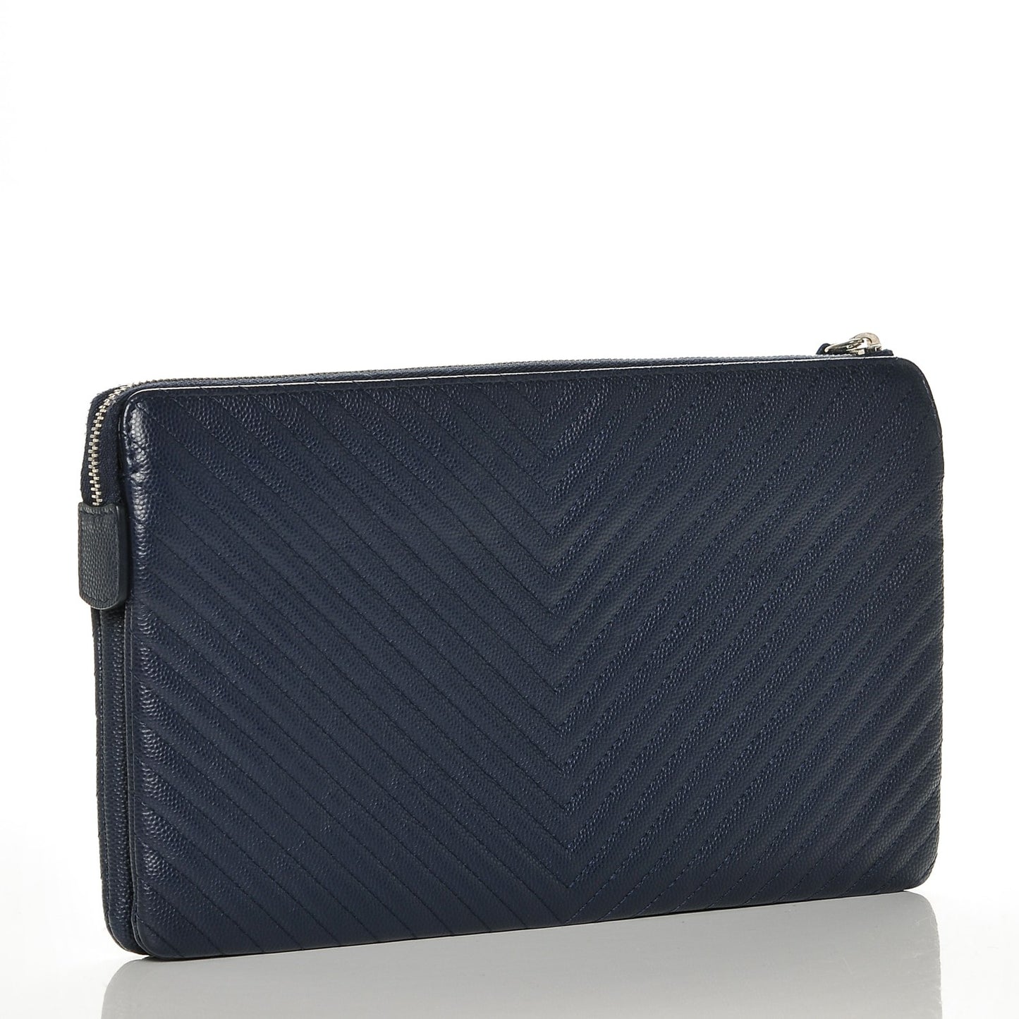Caviar Chevron Quilted Large Zipped Clutch Navy