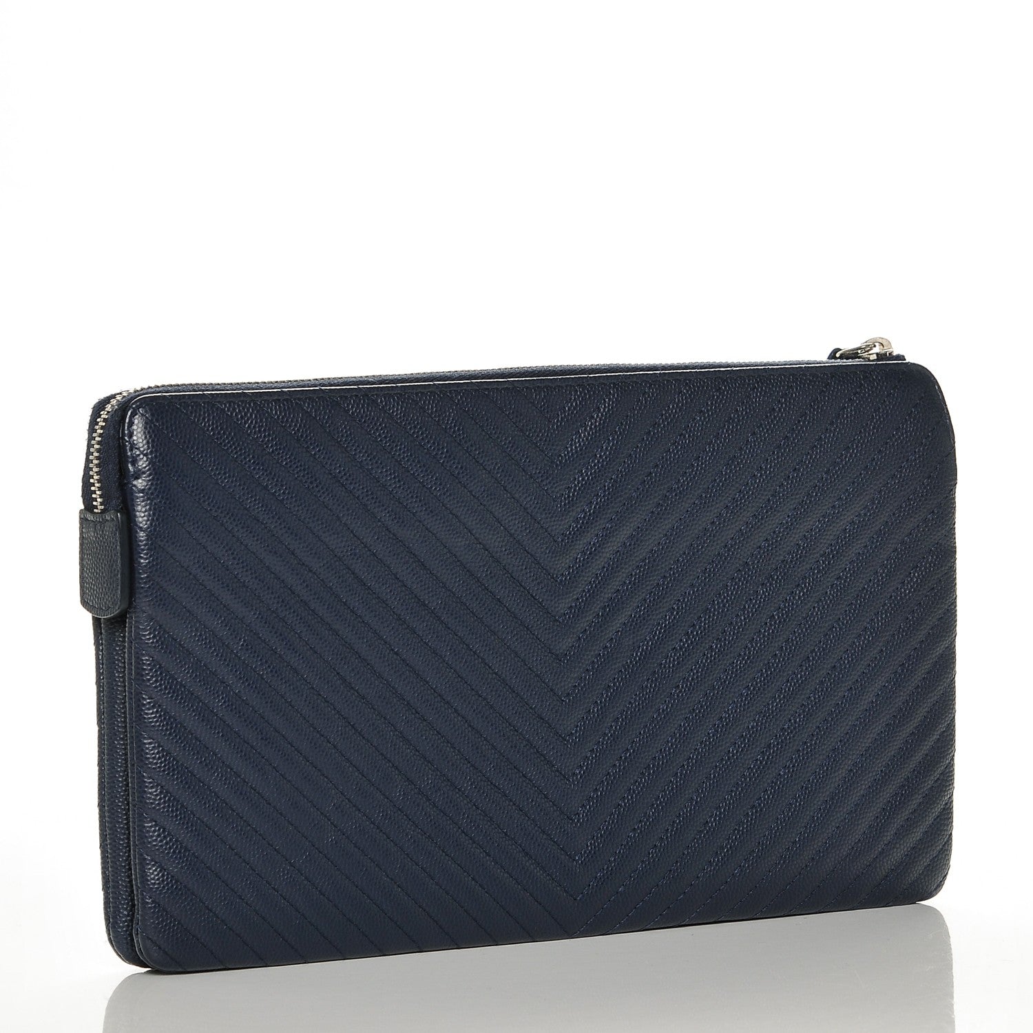 Chanel Caviar Chevron Quilted Large Zipped Clutch Navy 3 of 7