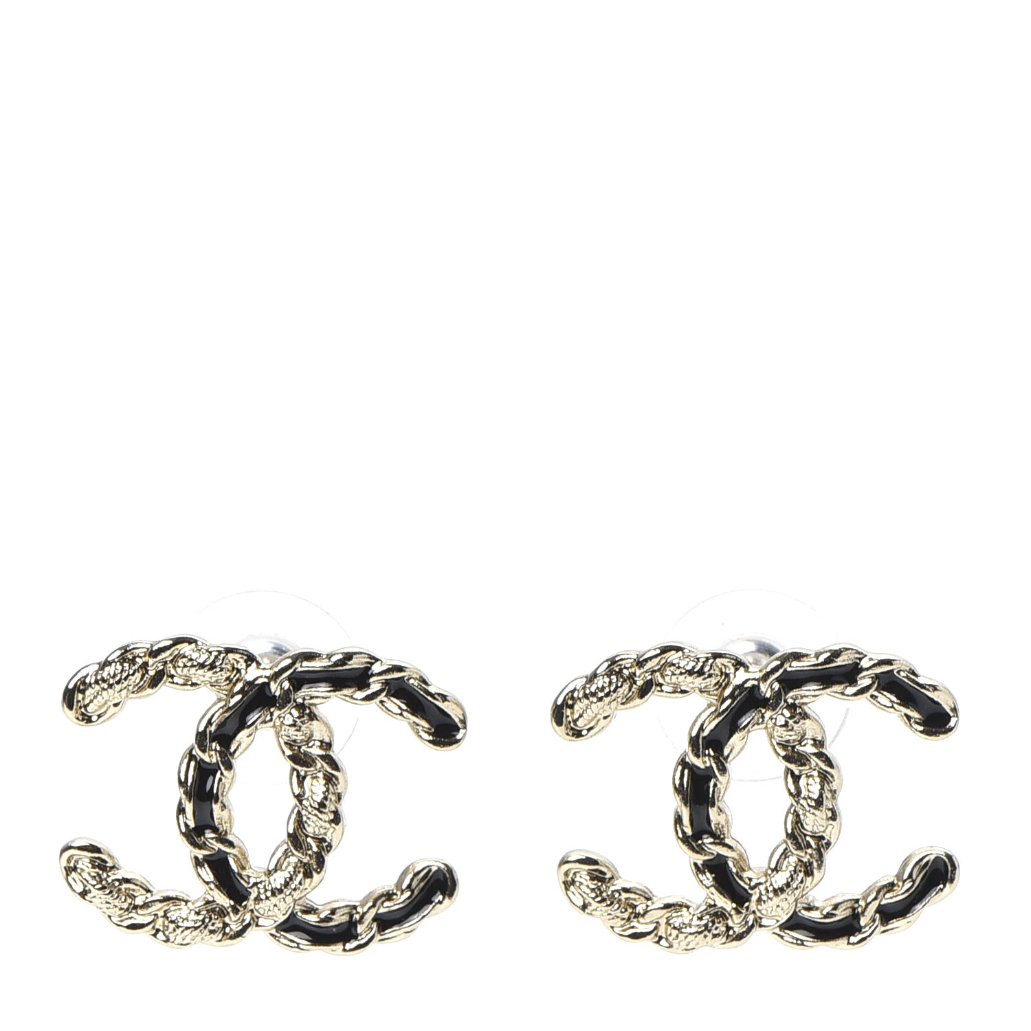 Chanel Enamel Metal Chain French New Wave CC Earrings Black Gold 1 of 5