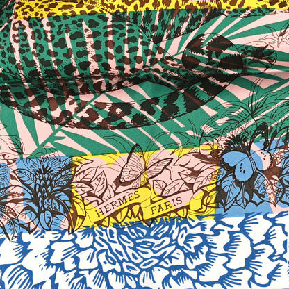 Hermes Silk Vintage Jungle Love au Tampon Scarf 70 Blue Moyen Vert Jaune 2 of 3